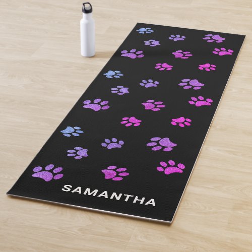 Cute Purple Pink Paw Prints on Black Custom Yoga Mat