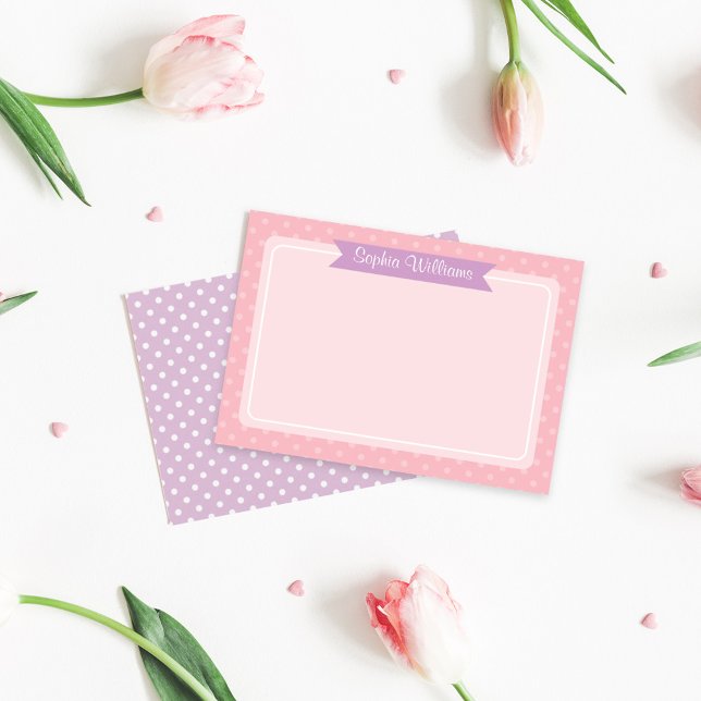 Cute Purple Pink Polka Dot Girls Name Note Card (Creator Uploaded)