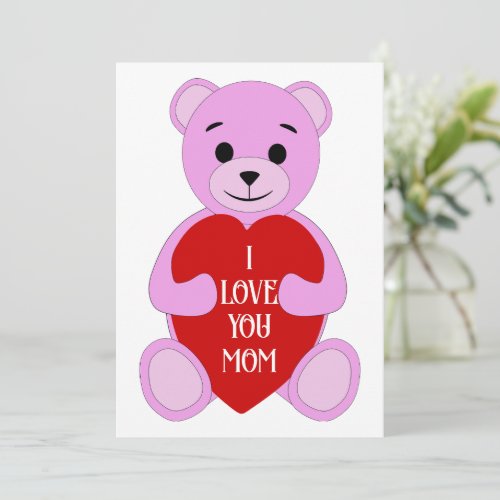 Cute Purple_Pink Teddy Bear I Love You Mom  Card