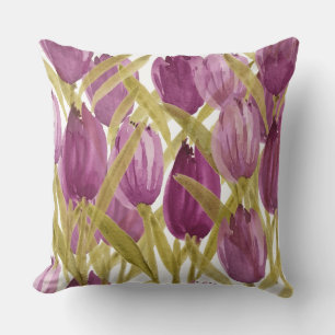Cute Purple Pink Tulips Watercolor Art Throw Pillow