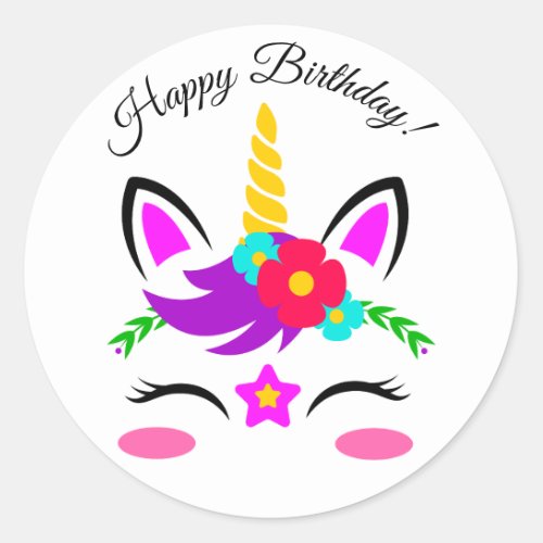 Cute Purple Pink Unicorn Flower Happy Birthday Classic Round Sticker