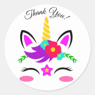 Cute Purple Pink Unicorn Flower Thank You Classic Round Sticker