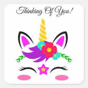 Cute Purple Pink Unicorn Flower Thinking Of You Square Sticker