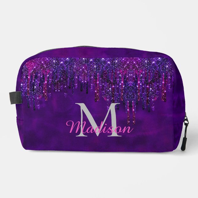 Cute Purple pink Unicorn Glitter Drips monogram Ac Dopp Kit (Front)