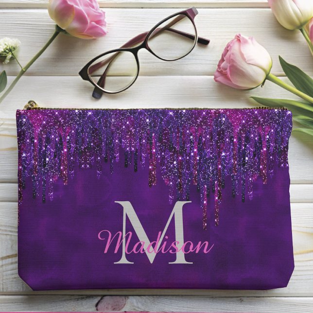 Cute Purple pink Unicorn Glitter Drips monogram Accessory Pouch (Creator Uploaded)