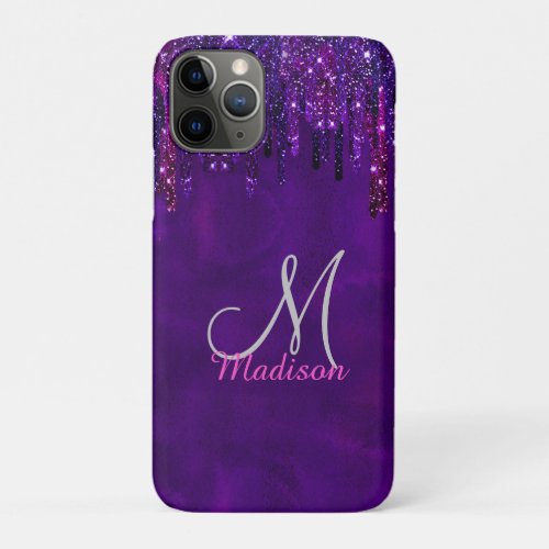 Cute Purple pink Unicorn Glitter Drips monogram iPhone 11 Pro Case