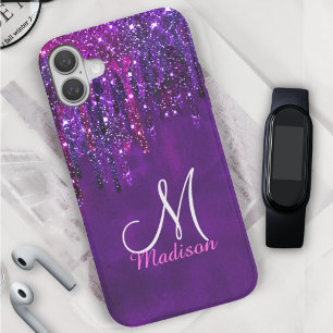 Cute Purple pink Unicorn Glitter Drips monogram iPhone 16 Case