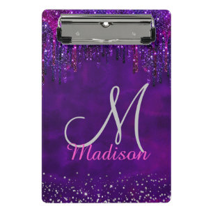 Cute Purple pink Unicorn Glitter Drips monogram Cl Mini Clipboard