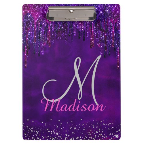 Cute Purple pink Unicorn Glitter Drips monogram Clipboard