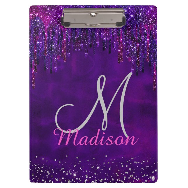 Cute Purple pink Unicorn Glitter Drips monogram Clipboard (Front)