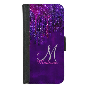Cute Purple pink Unicorn Glitter Drips monogram iPhone 8/7 Wallet Case