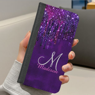 Cute Purple pink Unicorn Glitter Drips monogram iPhone 8/7 Wallet Case