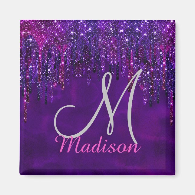 Cute Purple pink Unicorn Glitter Drips monogram Magnet (Front)