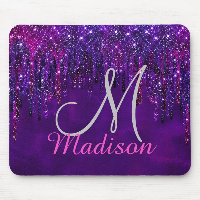 Cute Purple pink Unicorn Glitter Drips monogram Mouse Pad (Front)