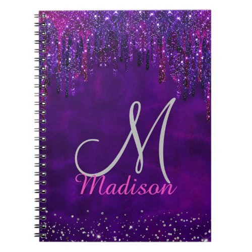 Cute Purple pink Unicorn Glitter Drips monogram Notebook
