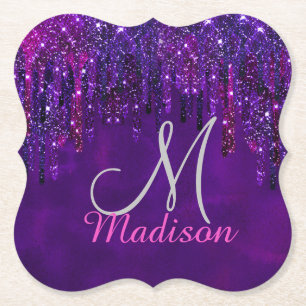Cute Purple pink Unicorn Glitter Drips monogram Paper Coaster