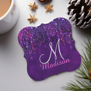 Cute Purple pink Unicorn Glitter Drips monogram Paper Coaster