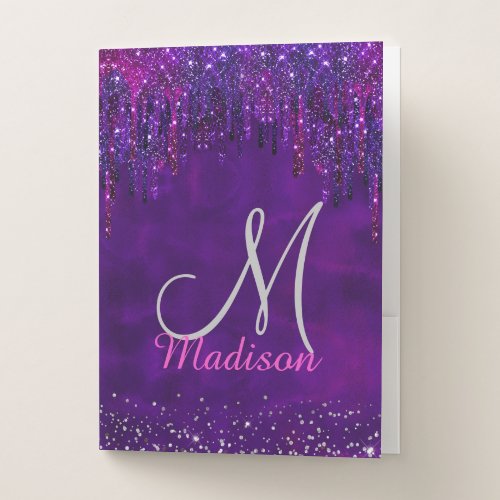 Cute Purple pink Unicorn Glitter Drips monogram Pocket Folder