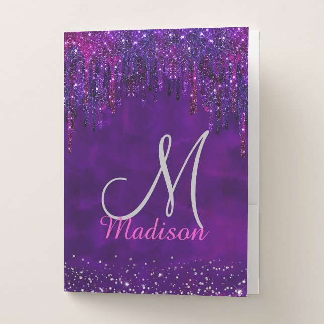 Cute Purple pink Unicorn Glitter Drips monogram Pocket Folder (Front)