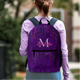 Cute Purple pink Unicorn Glitter Drips monogram Printed Backpack