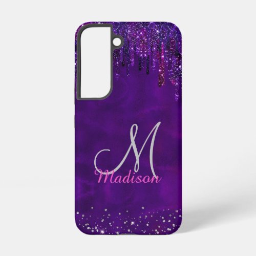 Cute Purple pink Unicorn Glitter Drips monogram Samsung Galaxy S22 Case