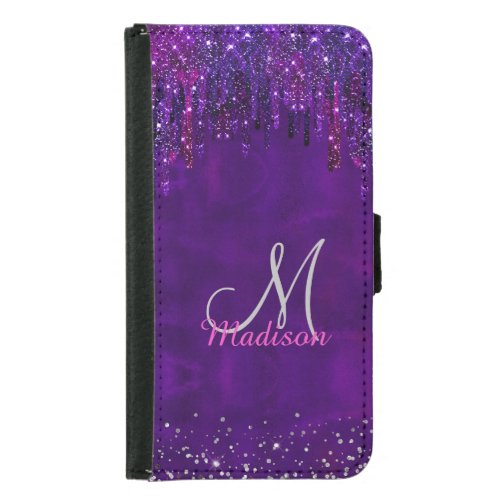 Cute Purple pink Unicorn Glitter Drips monogram Samsung Galaxy S5 Wallet Case