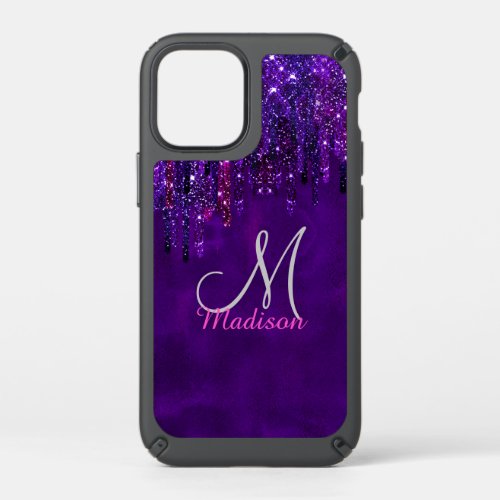 Cute Purple pink Unicorn Glitter Drips monogram Speck iPhone 12 Mini Case