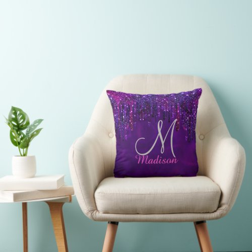 Cute Purple pink Unicorn Glitter Drips monogram Throw Pillow