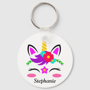 Cute Purple Pink Unicorn Red Flower Personalized Keychain