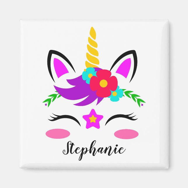 Cute Purple Pink Unicorn Red Flower Personalized Magnet (Front)