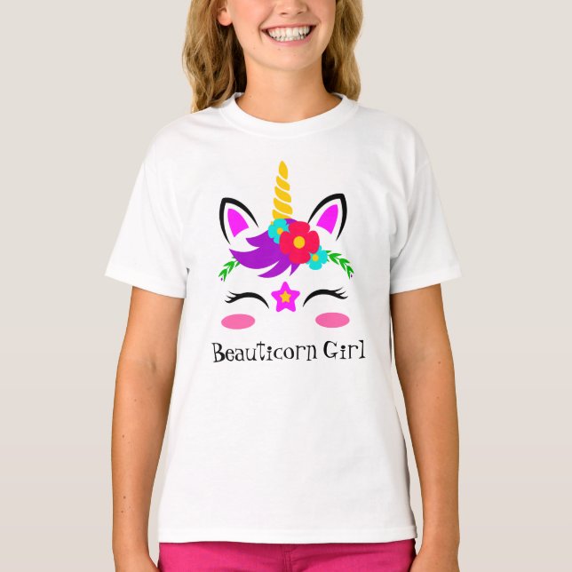 Cute Purple Pink Unicorn Red Flower T-Shirt (Front)
