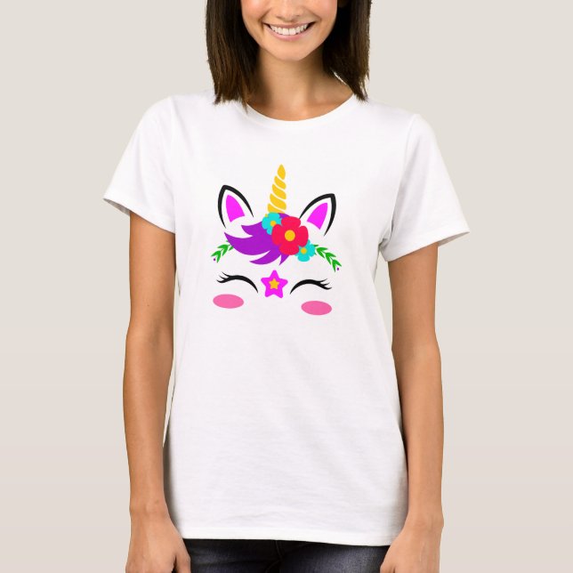 Cute Purple Pink Unicorn Red Flower T-Shirt (Front)