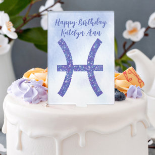 Cute Purple Pisces Astrology Sign Custom Birthday Cake Topper