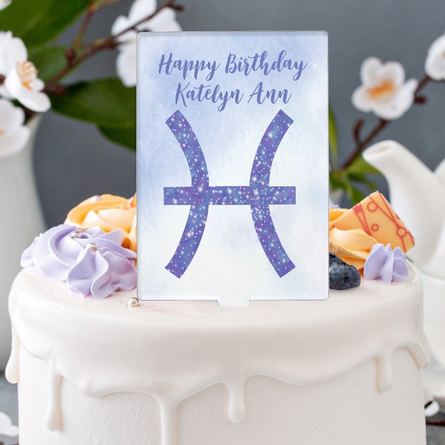 Cute Purple Pisces Astrology Sign Custom Birthday Cake Topper (Creator Uploaded)