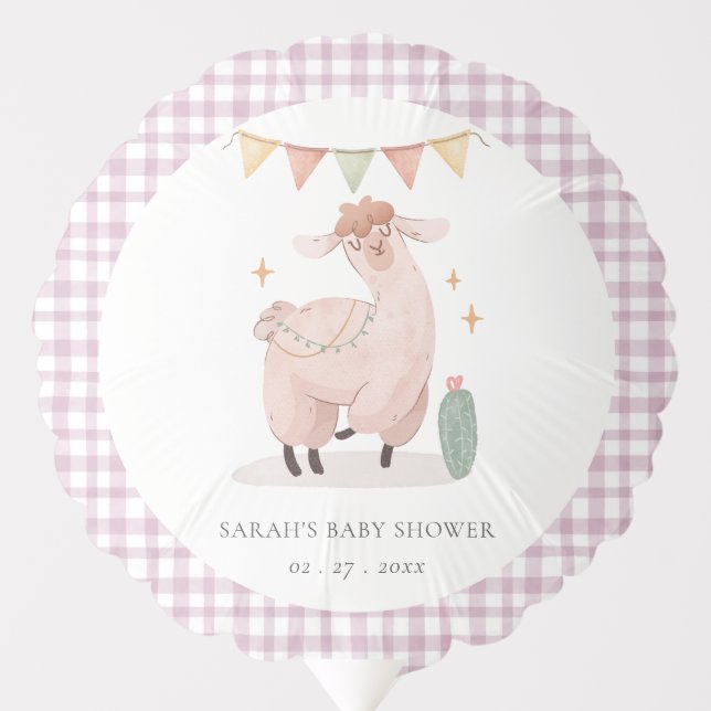 Cute Purple Plaid Cactus Boho Llama Baby Shower Balloon (Front)