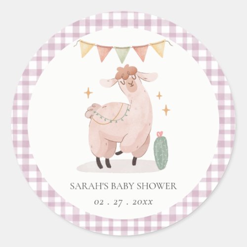 Cute Purple Plaid Cactus Boho Llama Baby Shower Classic Round Sticker