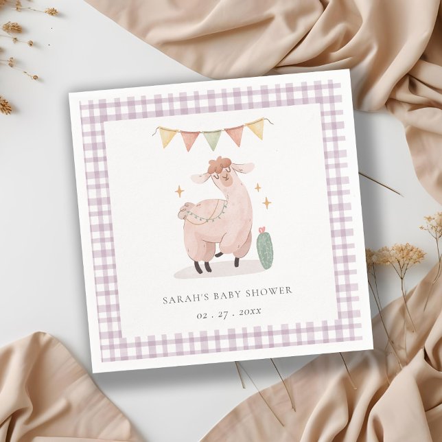 Cute Purple Plaid Cactus Boho Llama Baby Shower Napkins (Creator Uploaded)