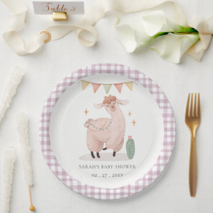 Cute Purple Plaid Cactus Boho Llama Baby Shower Paper Plates
