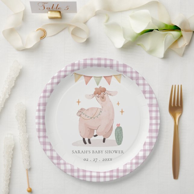 Cute Purple Plaid Cactus Boho Llama Baby Shower Paper Plates (Wedding)