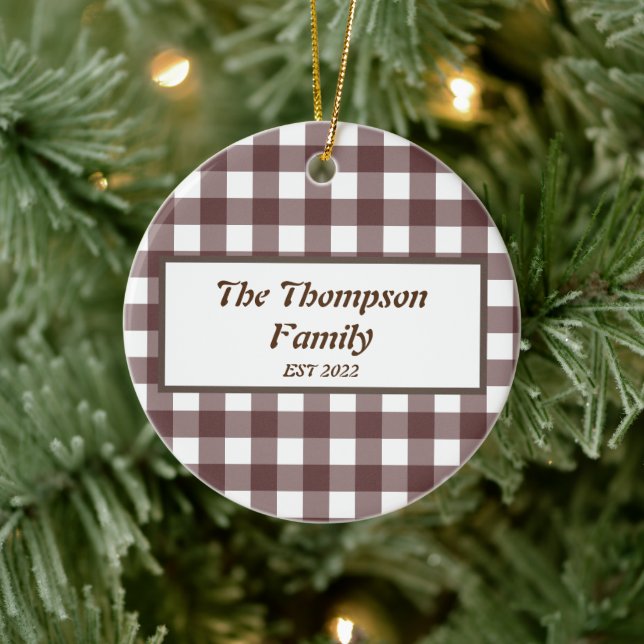 Cute Purple Plaid Personalized Family Name Ceramic Ornament (Tree)