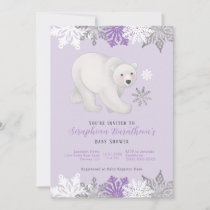 Cute Purple Polar Bear Baby Shower Invitation