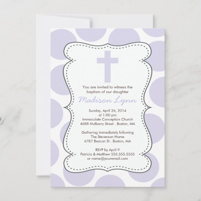 Cute Purple Polka Dots Cross Baptism Invitation (Front)