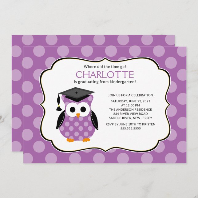 Cute Purple Polka dots Grad Owl Girl Graduation Invitation (Front/Back)