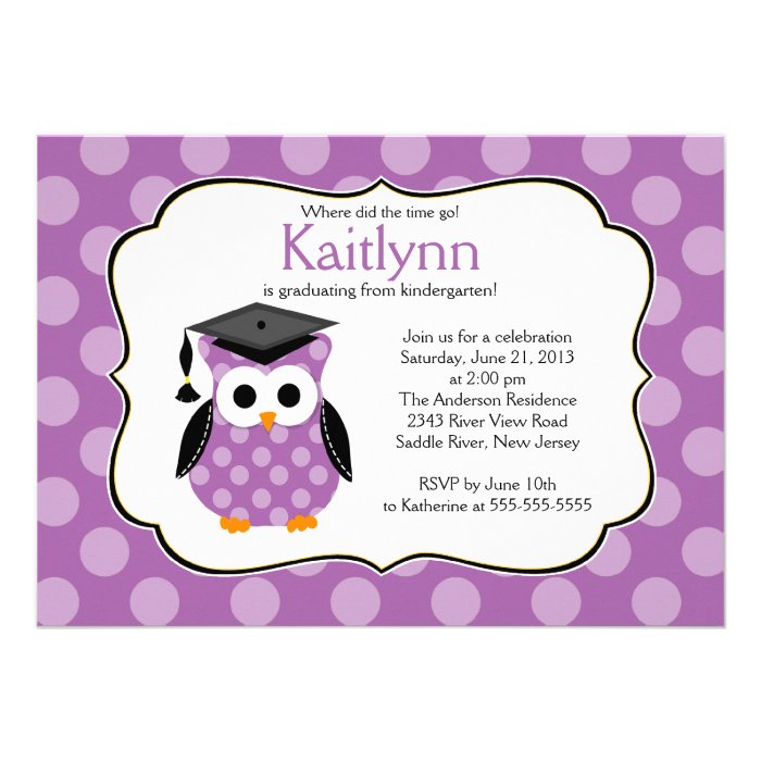 Cute Purple Polka dots Grad Owl Girl Graduation Invitation