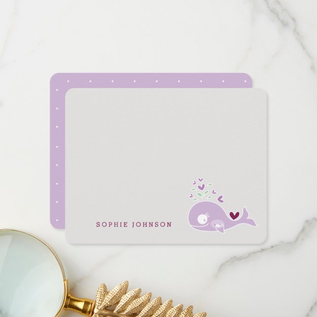 Cute Purple Pregnant Mommy Whale Girl Baby Shower Thank You Card (Front/Back In Situ)