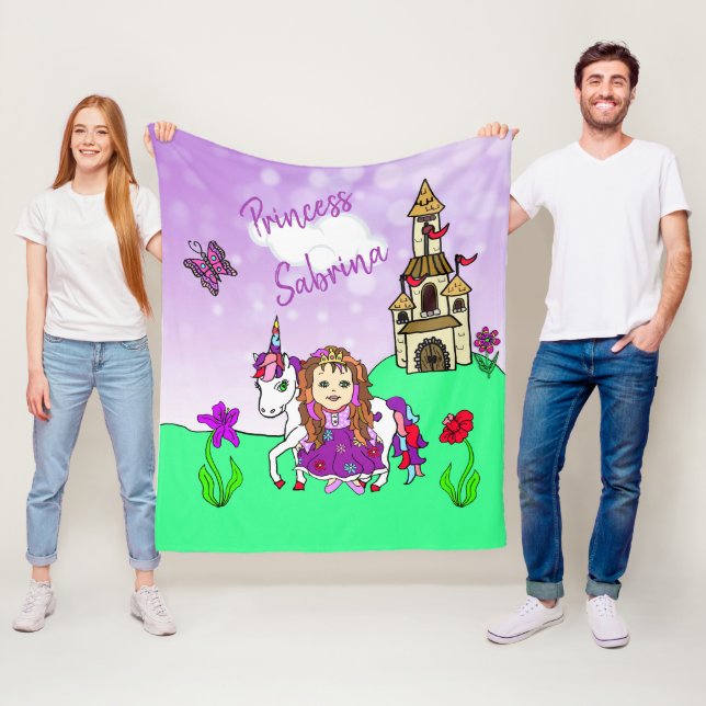 Cute Purple Princess and Unicorn Personalized Fleece Blanket (In Situ)