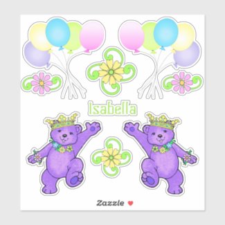 Cute Purple Princess Bears Balloons Flowers Sticker