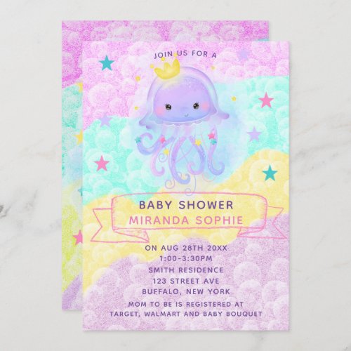 Cute Purple Princess Jellyfish Girl Baby Shower Invitation