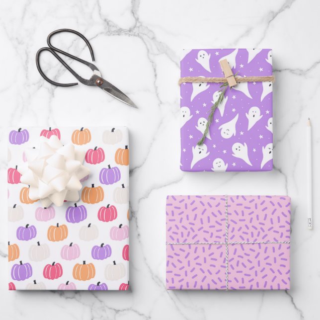 Cute purple pumpkin and ghost Halloween Wrapping Paper Sheets (Front)