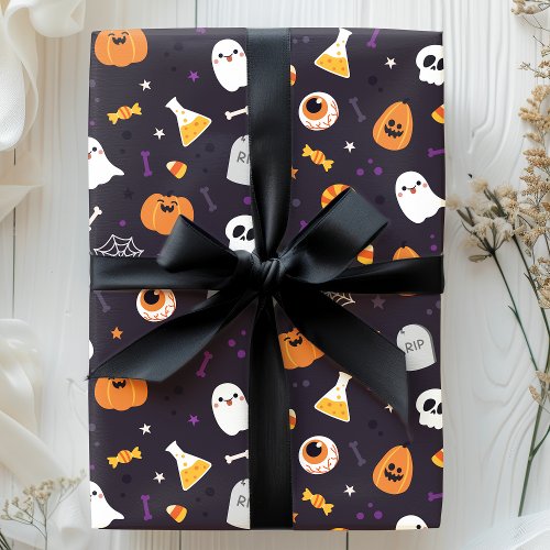 Cute Purple Pumpkin Ghost Spider Halloween Pattern Wrapping Paper